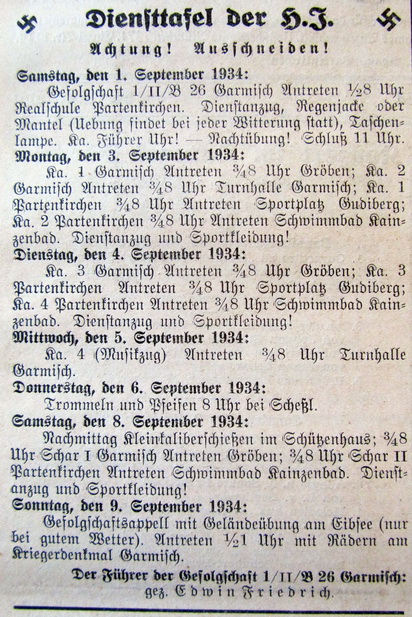 Dienstzeiten der HJ Garmisch-Partenkirchen - 1934